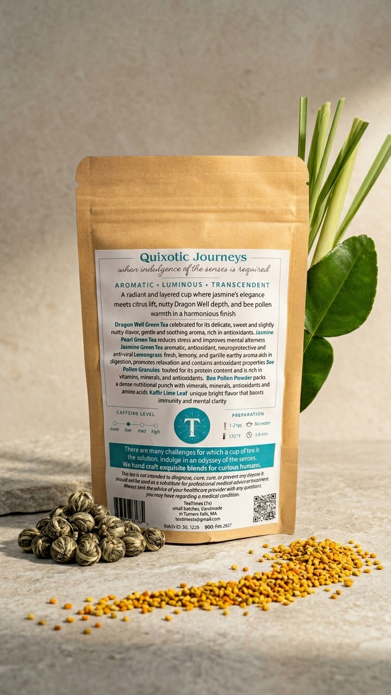Quixotic Journeys Back Label On Kraft with ingredient images
