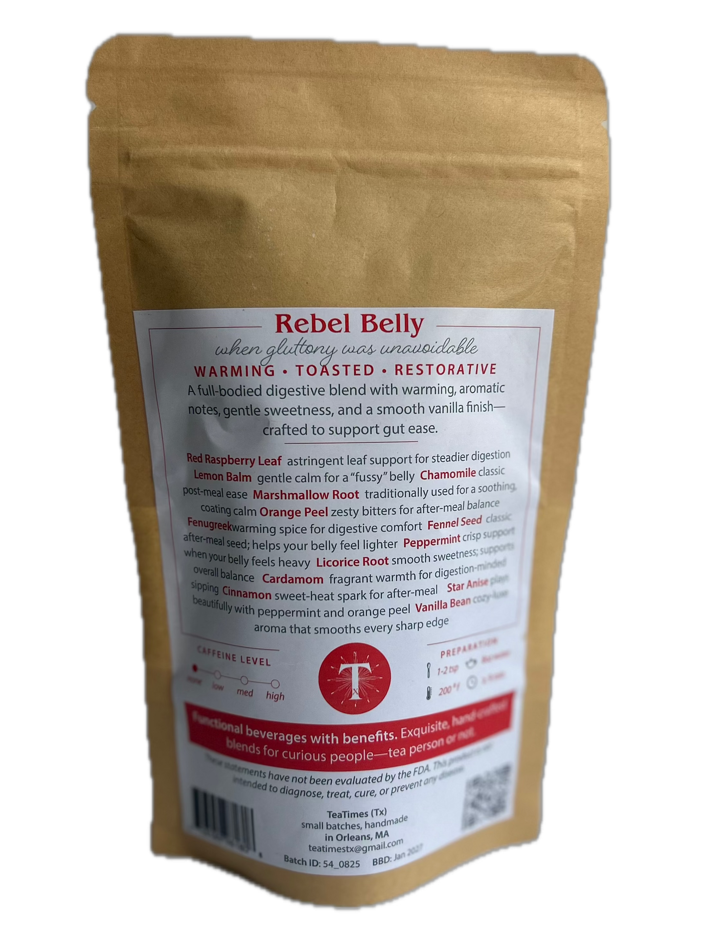 Kraft paper packaging with a label for Rebel Belly on a white background