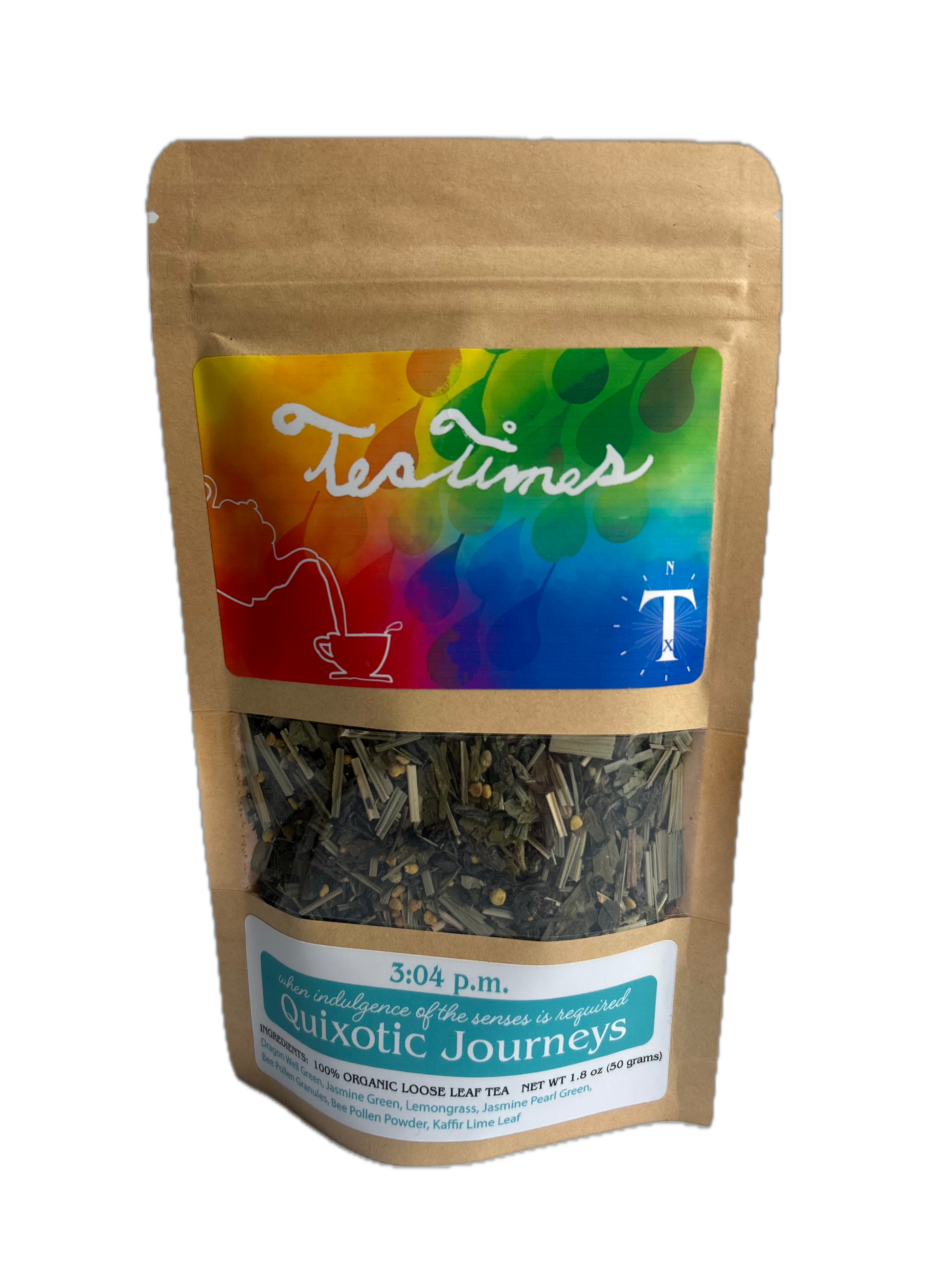  quixotic journeys frontTea package with 'Teatimes' branding on a white background
